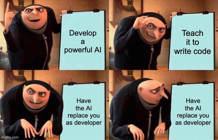 A meme of Gru, from Despicable Me, details his plans for building an AI to replace him.