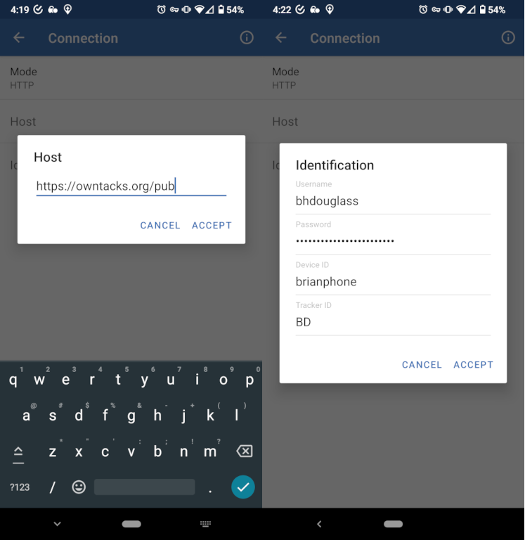 Side-by-side screenshots of the OwnTracks Android app. On the left is the Host configuration and on the right is the Identification configuration.