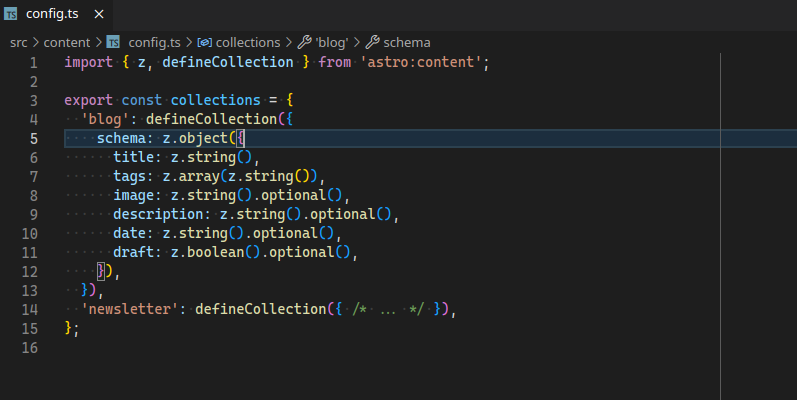 A screenshot of the TypesScript code needed to define Astro's content collections.