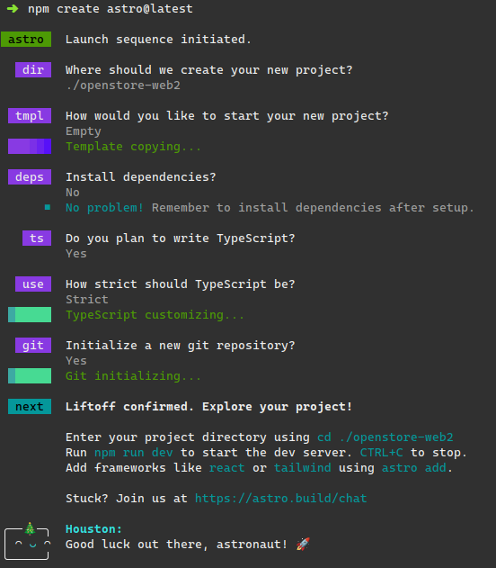 A screenshot of the Astro project creation process