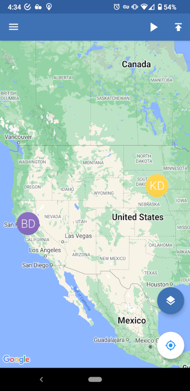 The OwnTracks Android app map with friend locations.